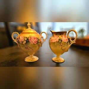 Floral Ceramic Sugar Bowl and Creamer Set